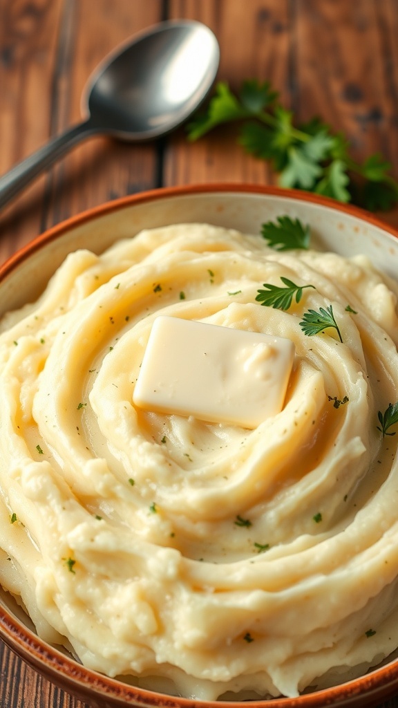 A bowl of creamy mashed potatoes with butter and herbs on a rustic table.